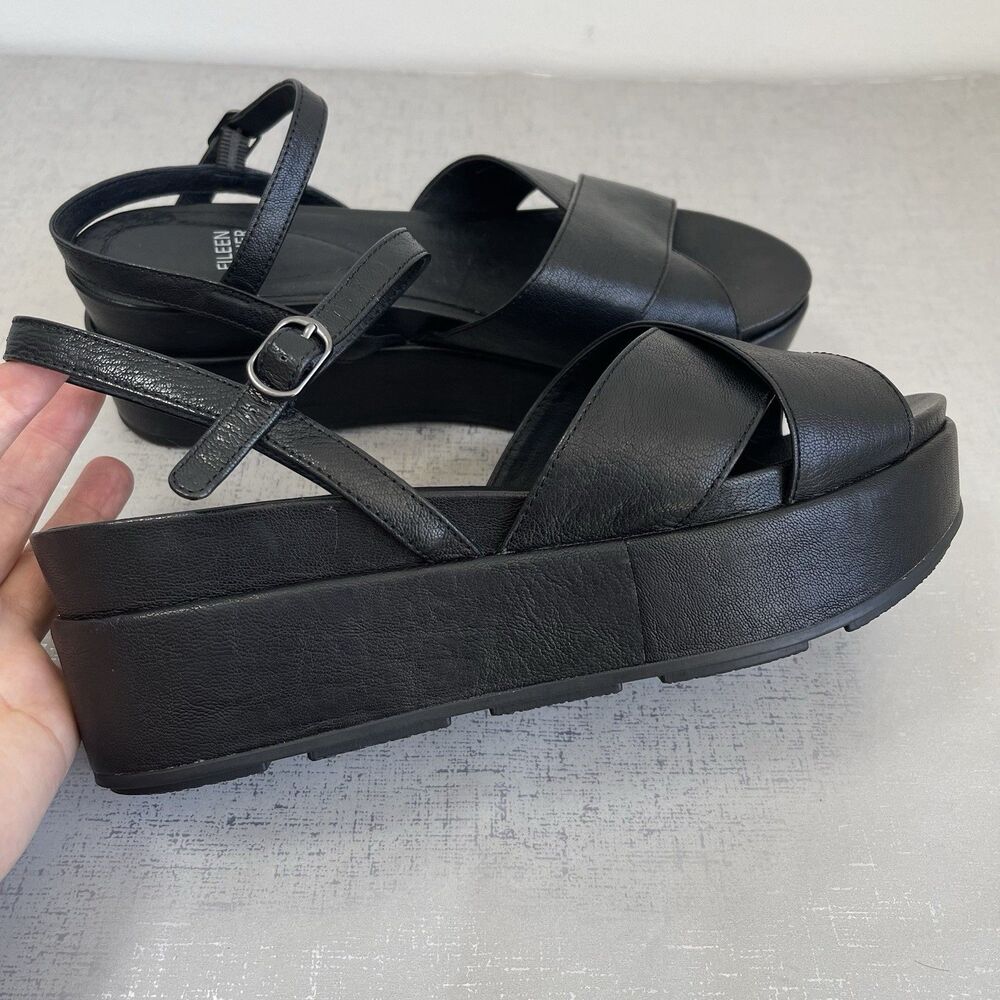 Eileen Fisher Juno Black Leather Platform Sandals 9.5 Ankle Straps Minimalist - Picture 5 of 12